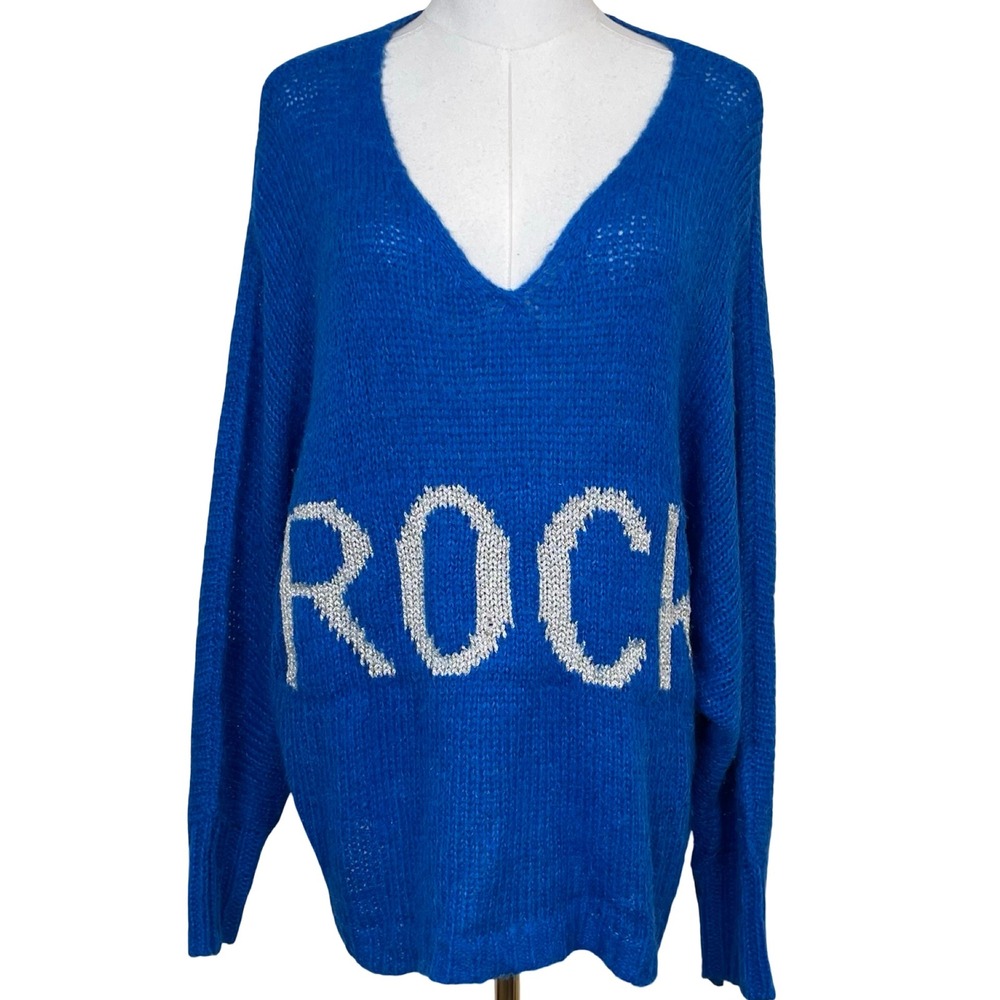 Elan Rock Graphic Sweater Women M Blue Mohair Blend Metallic Slouchy Grunge